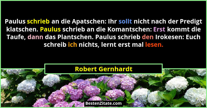 Paulus schrieb an die Apatschen: Ihr sollt nicht nach der Predigt klatschen. Paulus schrieb an die Komantschen: Erst kommt die Tauf... - Robert Gernhardt