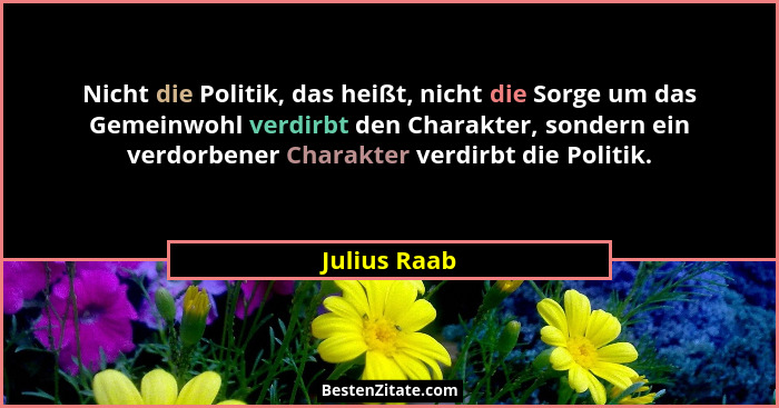 Nicht die Politik, das heißt, nicht die Sorge um das Gemeinwohl verdirbt den Charakter, sondern ein verdorbener Charakter verdirbt die P... - Julius Raab