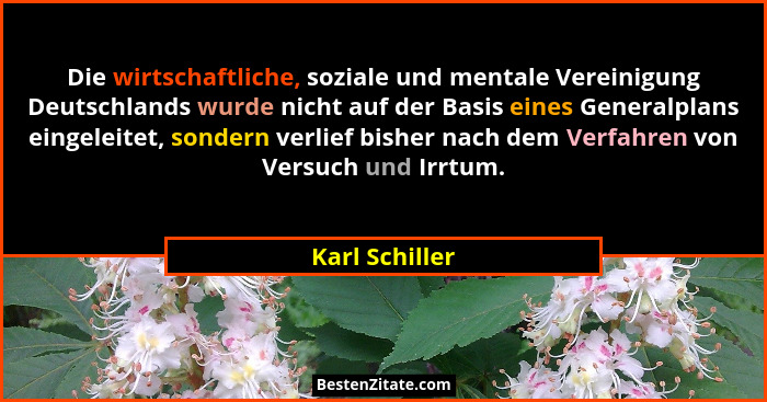 Die wirtschaftliche, soziale und mentale Vereinigung Deutschlands wurde nicht auf der Basis eines Generalplans eingeleitet, sondern ve... - Karl Schiller
