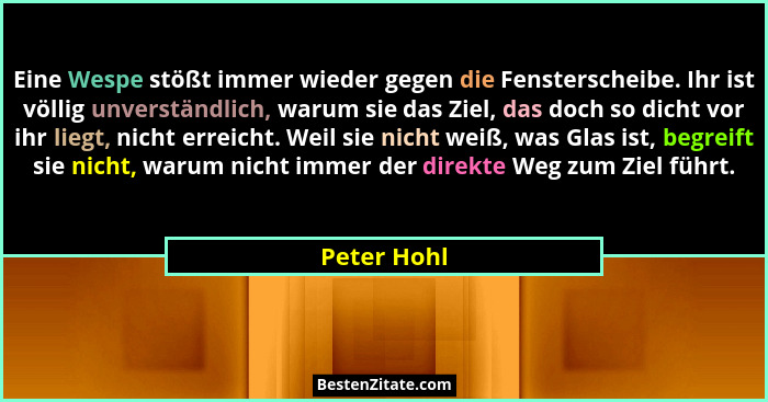 Eine Wespe stößt immer wieder gegen die Fensterscheibe. Ihr ist völlig unverständlich, warum sie das Ziel, das doch so dicht vor ihr lieg... - Peter Hohl