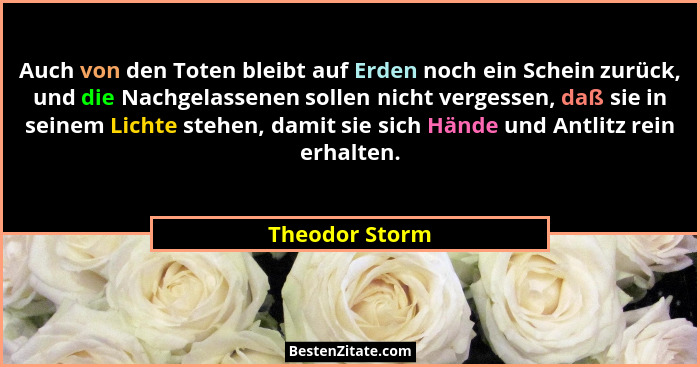Auch von den Toten bleibt auf Erden noch ein Schein zurück, und die Nachgelassenen sollen nicht vergessen, daß sie in seinem Lichte st... - Theodor Storm