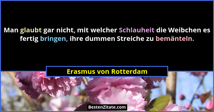Man glaubt gar nicht, mit welcher Schlauheit die Weibchen es fertig bringen, ihre dummen Streiche zu bemänteln.... - Erasmus von Rotterdam