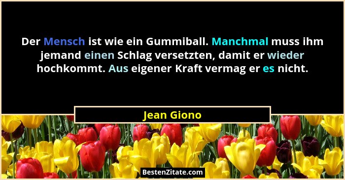 Der Mensch ist wie ein Gummiball. Manchmal muss ihm jemand einen Schlag versetzten, damit er wieder hochkommt. Aus eigener Kraft vermag e... - Jean Giono