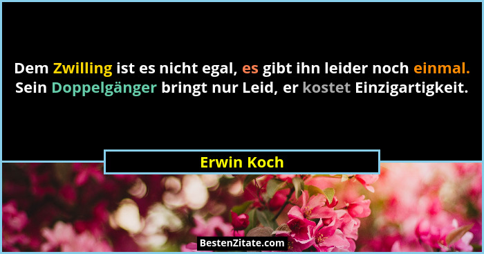 Dem Zwilling ist es nicht egal, es gibt ihn leider noch einmal. Sein Doppelgänger bringt nur Leid, er kostet Einzigartigkeit.... - Erwin Koch