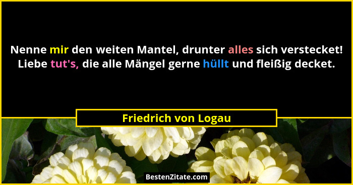 Nenne mir den weiten Mantel, drunter alles sich verstecket! Liebe tut's, die alle Mängel gerne hüllt und fleißig decket.... - Friedrich von Logau