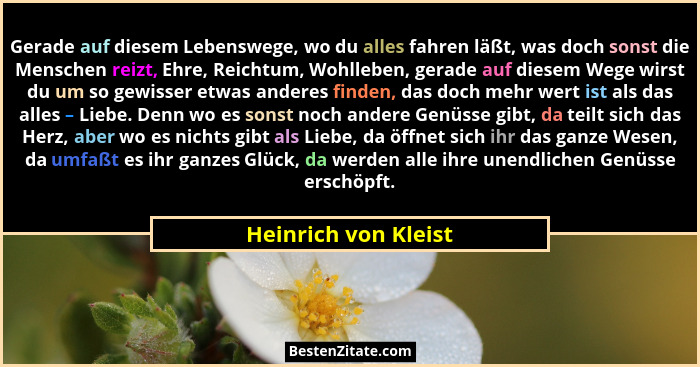 Gerade auf diesem Lebenswege, wo du alles fahren läßt, was doch sonst die Menschen reizt, Ehre, Reichtum, Wohlleben, gerade auf... - Heinrich von Kleist