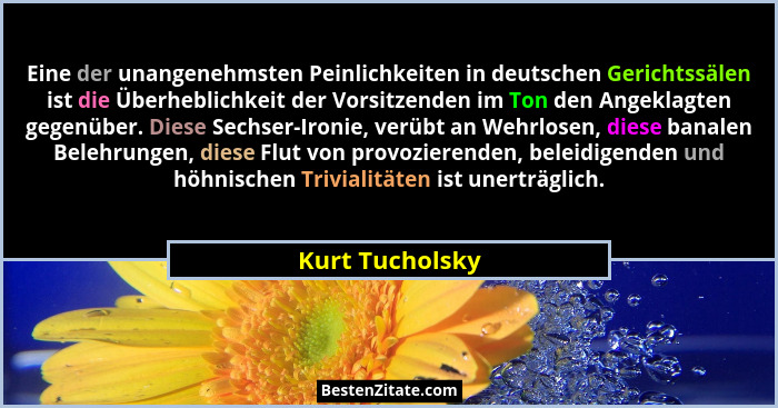 Eine der unangenehmsten Peinlichkeiten in deutschen Gerichtssälen ist die Überheblichkeit der Vorsitzenden im Ton den Angeklagten geg... - Kurt Tucholsky