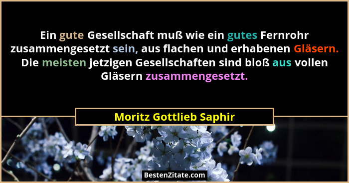 Ein gute Gesellschaft muß wie ein gutes Fernrohr zusammengesetzt sein, aus flachen und erhabenen Gläsern. Die meisten jetzige... - Moritz Gottlieb Saphir