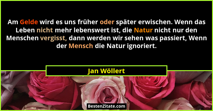 Am Gelde wird es uns früher oder später erwischen. Wenn das Leben nicht mehr lebenswert ist, die Natur nicht nur den Menschen vergisst,... - Jan Wöllert