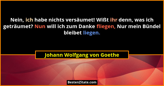 Nein, ich habe nichts versäumet! Wißt ihr denn, was ich geträumet? Nun will ich zum Danke fliegen, Nur mein Bündel bleibe... - Johann Wolfgang von Goethe