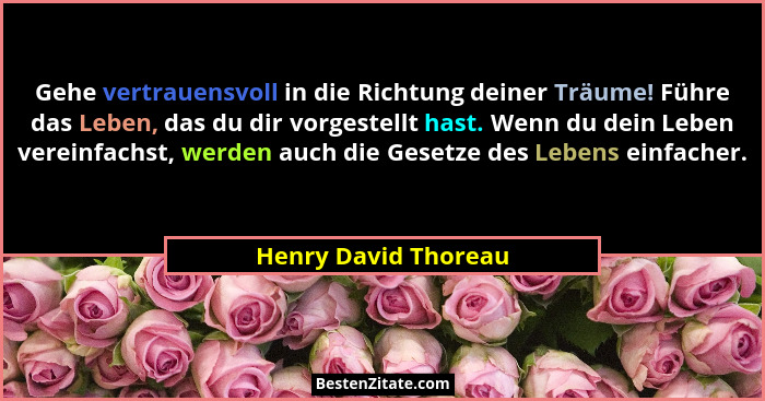 Gehe vertrauensvoll in die Richtung deiner Träume! Führe das Leben, das du dir vorgestellt hast. Wenn du dein Leben vereinfachst... - Henry David Thoreau