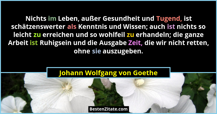 Nichts im Leben, außer Gesundheit und Tugend, ist schätzenswerter als Kenntnis und Wissen; auch ist nichts so leicht zu e... - Johann Wolfgang von Goethe