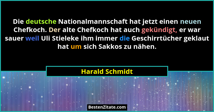 Die deutsche Nationalmannschaft hat jetzt einen neuen Chefkoch. Der alte Chefkoch hat auch gekündigt, er war sauer weil Uli Stieleke... - Harald Schmidt