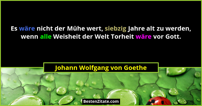 Es wäre nicht der Mühe wert, siebzig Jahre alt zu werden, wenn alle Weisheit der Welt Torheit wäre vor Gott.... - Johann Wolfgang von Goethe