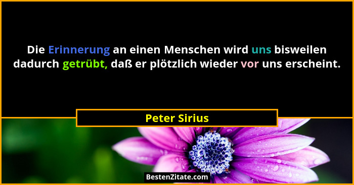 Die Erinnerung an einen Menschen wird uns bisweilen dadurch getrübt, daß er plötzlich wieder vor uns erscheint.... - Peter Sirius