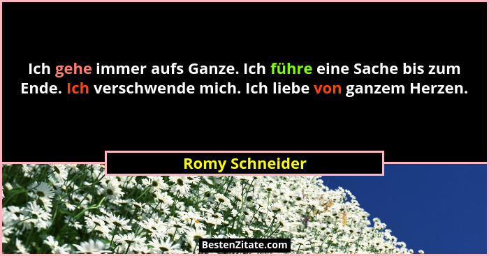 Ich gehe immer aufs Ganze. Ich führe eine Sache bis zum Ende. Ich verschwende mich. Ich liebe von ganzem Herzen.... - Romy Schneider