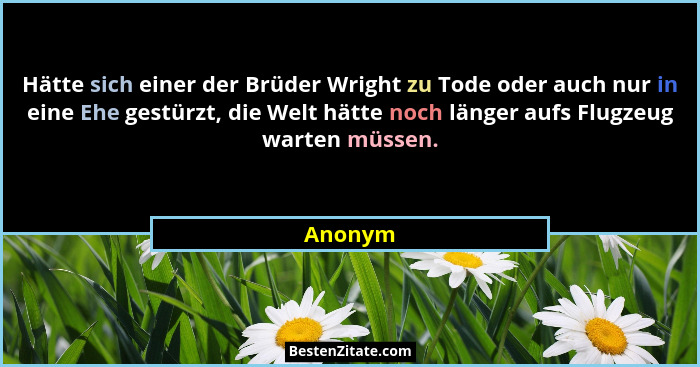 Hätte sich einer der Brüder Wright zu Tode oder auch nur in eine Ehe gestürzt, die Welt hätte noch länger aufs Flugzeug warten müssen.... - Anonym