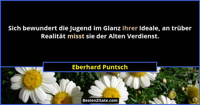 Sich bewundert die Jugend im Glanz ihrer Ideale, an trüber Realität misst sie der Alten Verdienst.... - Eberhard Puntsch