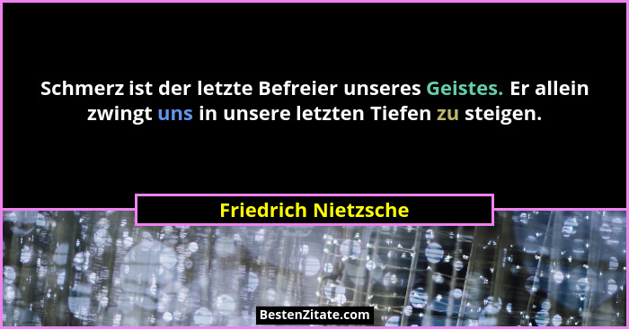 Schmerz ist der letzte Befreier unseres Geistes. Er allein zwingt uns in unsere letzten Tiefen zu steigen.... - Friedrich Nietzsche