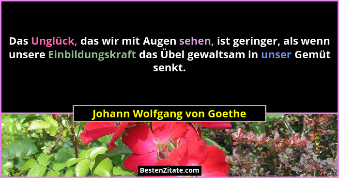 Das Unglück, das wir mit Augen sehen, ist geringer, als wenn unsere Einbildungskraft das Übel gewaltsam in unser Gemüt se... - Johann Wolfgang von Goethe