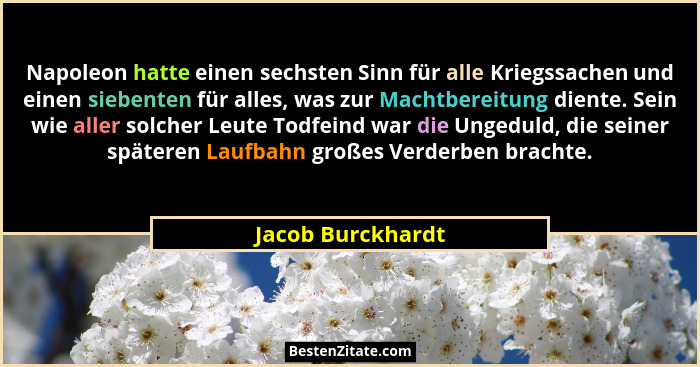 Napoleon hatte einen sechsten Sinn für alle Kriegssachen und einen siebenten für alles, was zur Machtbereitung diente. Sein wie all... - Jacob Burckhardt
