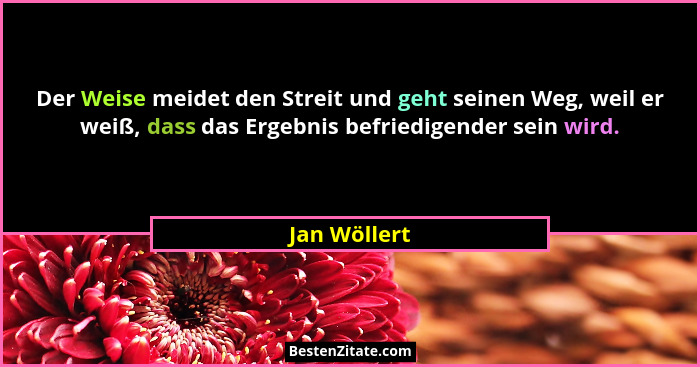 Der Weise meidet den Streit und geht seinen Weg, weil er weiß, dass das Ergebnis befriedigender sein wird.... - Jan Wöllert