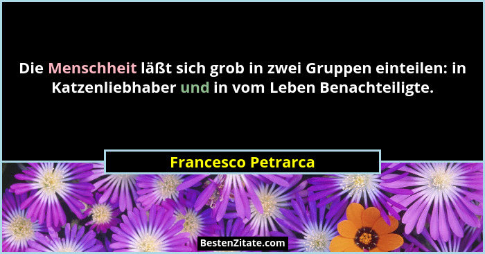 Die Menschheit läßt sich grob in zwei Gruppen einteilen: in Katzenliebhaber und in vom Leben Benachteiligte.... - Francesco Petrarca