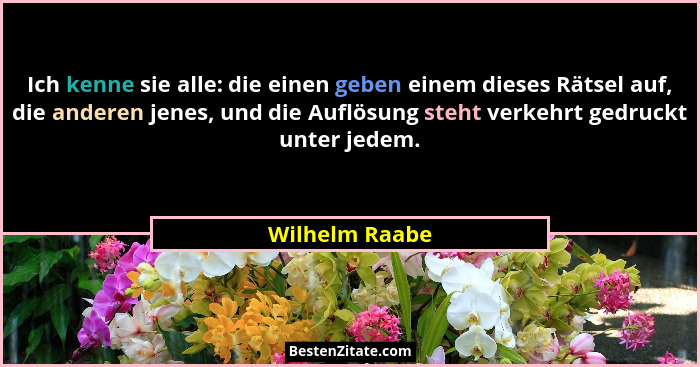 Ich kenne sie alle: die einen geben einem dieses Rätsel auf, die anderen jenes, und die Auflösung steht verkehrt gedruckt unter jedem.... - Wilhelm Raabe