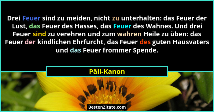 Drei Feuer sind zu meiden, nicht zu unterhalten: das Feuer der Lust, das Feuer des Hasses, das Feuer des Wahnes. Und drei Feuer sind zu v... - Pâli-Kanon
