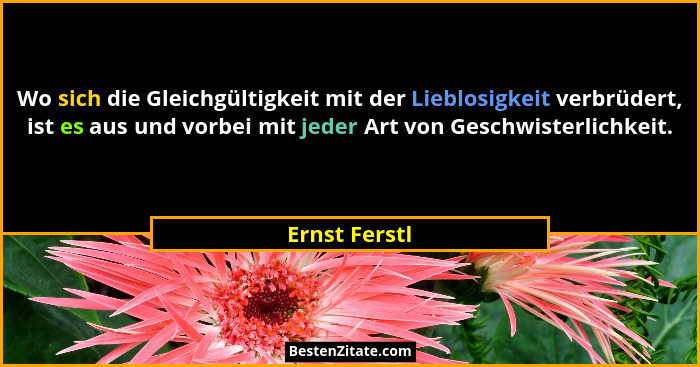 Wo sich die Gleichgültigkeit mit der Lieblosigkeit verbrüdert, ist es aus und vorbei mit jeder Art von Geschwisterlichkeit.... - Ernst Ferstl