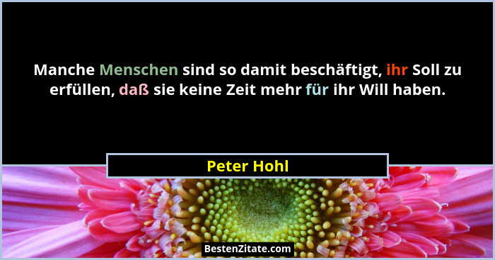 Manche Menschen sind so damit beschäftigt, ihr Soll zu erfüllen, daß sie keine Zeit mehr für ihr Will haben.... - Peter Hohl