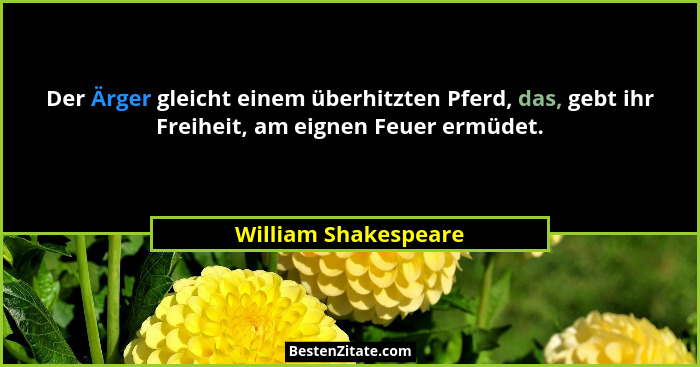 Der Ärger gleicht einem überhitzten Pferd, das, gebt ihr Freiheit, am eignen Feuer ermüdet.... - William Shakespeare