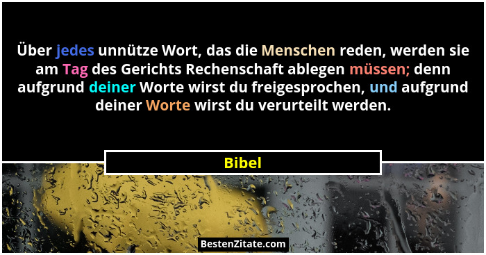 Über jedes unnütze Wort, das die Menschen reden, werden sie am Tag des Gerichts Rechenschaft ablegen müssen; denn aufgrund deiner Worte wirst... - Bibel