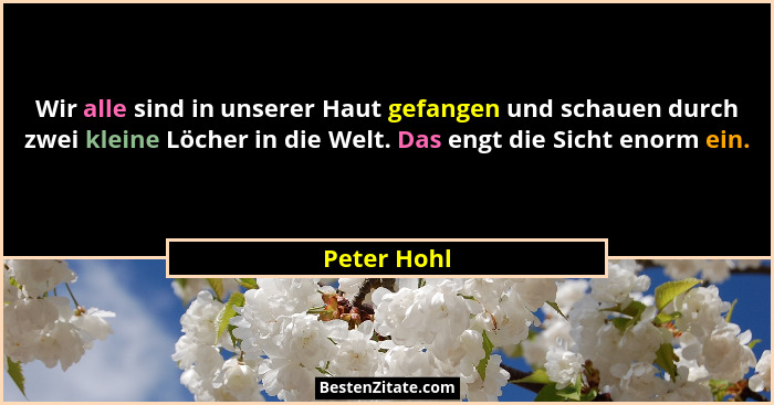 Wir alle sind in unserer Haut gefangen und schauen durch zwei kleine Löcher in die Welt. Das engt die Sicht enorm ein.... - Peter Hohl