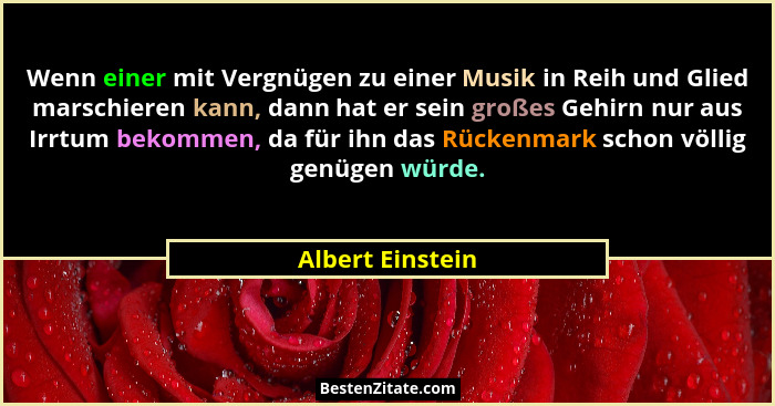 Wenn einer mit Vergnügen zu einer Musik in Reih und Glied marschieren kann, dann hat er sein großes Gehirn nur aus Irrtum bekommen,... - Albert Einstein