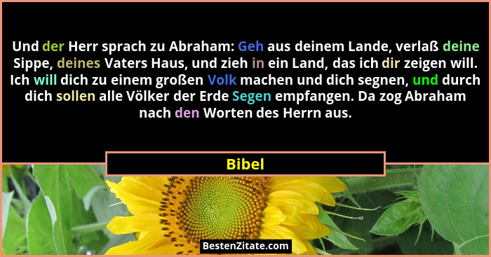 Und der Herr sprach zu Abraham: Geh aus deinem Lande, verlaß deine Sippe, deines Vaters Haus, und zieh in ein Land, das ich dir zeigen will. I... - Bibel