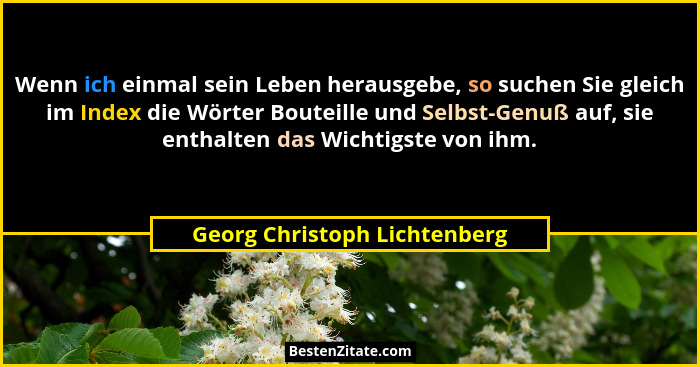 Wenn ich einmal sein Leben herausgebe, so suchen Sie gleich im Index die Wörter Bouteille und Selbst-Genuß auf, sie enth... - Georg Christoph Lichtenberg
