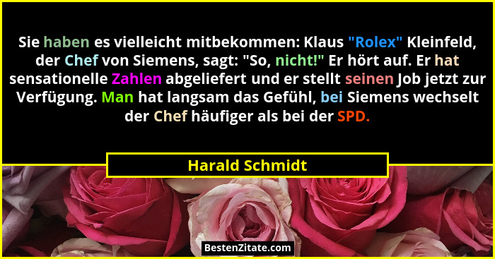 Sie haben es vielleicht mitbekommen: Klaus "Rolex" Kleinfeld, der Chef von Siemens, sagt: "So, nicht!" Er hört auf. E... - Harald Schmidt