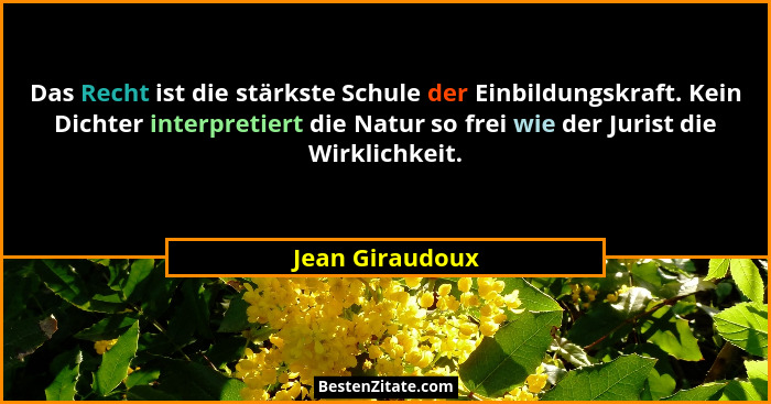 Das Recht ist die stärkste Schule der Einbildungskraft. Kein Dichter interpretiert die Natur so frei wie der Jurist die Wirklichkeit.... - Jean Giraudoux