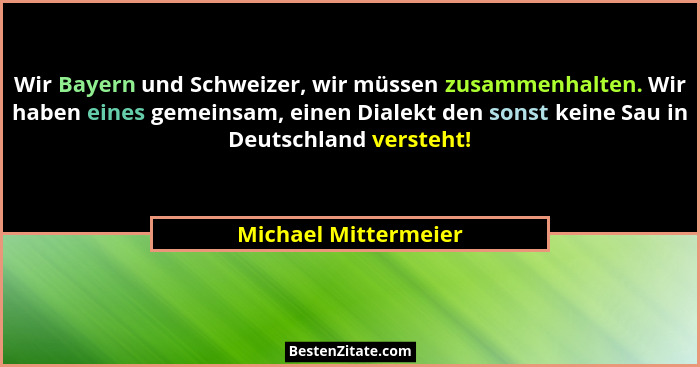 Wir Bayern und Schweizer, wir müssen zusammenhalten. Wir haben eines gemeinsam, einen Dialekt den sonst keine Sau in Deutschland... - Michael Mittermeier
