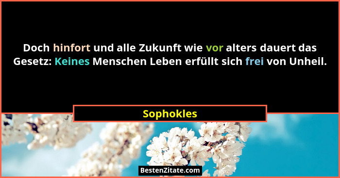 Doch hinfort und alle Zukunft wie vor alters dauert das Gesetz: Keines Menschen Leben erfüllt sich frei von Unheil.... - Sophokles