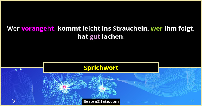 Wer vorangeht, kommt leicht ins Straucheln, wer ihm folgt, hat gut lachen.... - Sprichwort