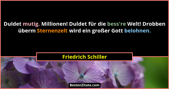 Duldet mutig. Millionen! Duldet für die bess're Welt! Drobben überm Sternenzelt wird ein großer Gott belohnen.... - Friedrich Schiller