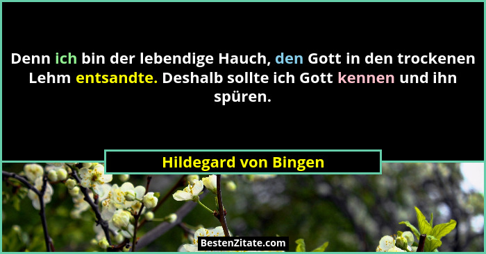 Denn ich bin der lebendige Hauch, den Gott in den trockenen Lehm entsandte. Deshalb sollte ich Gott kennen und ihn spüren.... - Hildegard von Bingen