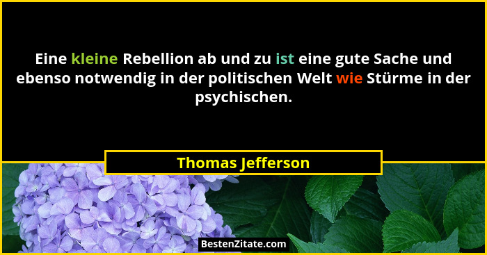 Eine kleine Rebellion ab und zu ist eine gute Sache und ebenso notwendig in der politischen Welt wie Stürme in der psychischen.... - Thomas Jefferson