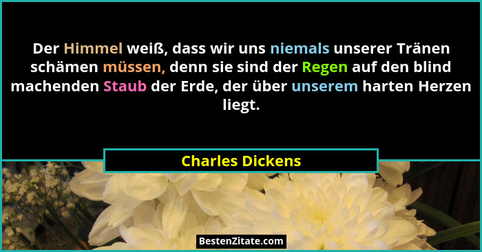 Der Himmel weiß, dass wir uns niemals unserer Tränen schämen müssen, denn sie sind der Regen auf den blind machenden Staub der Erde,... - Charles Dickens