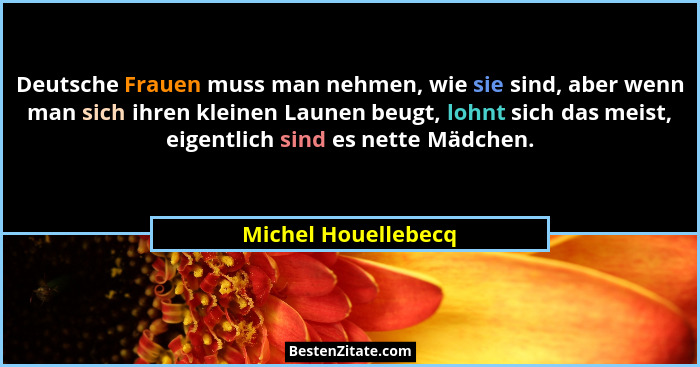 Deutsche Frauen muss man nehmen, wie sie sind, aber wenn man sich ihren kleinen Launen beugt, lohnt sich das meist, eigentlich si... - Michel Houellebecq