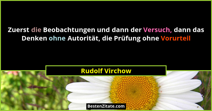 Zuerst die Beobachtungen und dann der Versuch, dann das Denken ohne Autorität, die Prüfung ohne Vorurteil... - Rudolf Virchow