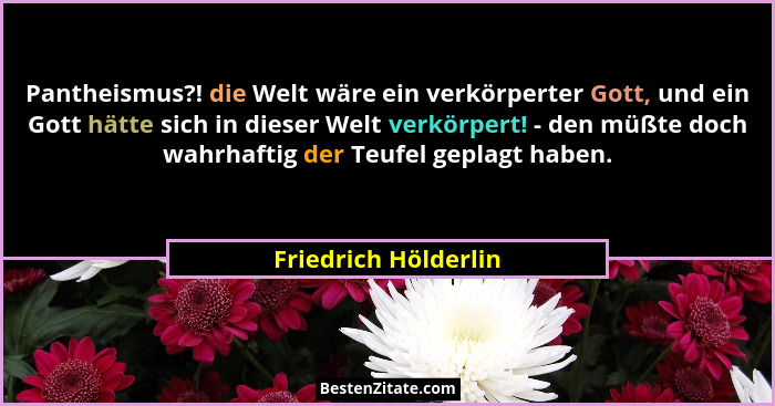 Pantheismus?! die Welt wäre ein verkörperter Gott, und ein Gott hätte sich in dieser Welt verkörpert! - den müßte doch wahrhafti... - Friedrich Hölderlin