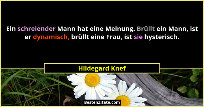 Ein schreiender Mann hat eine Meinung. Brüllt ein Mann, ist er dynamisch, brüllt eine Frau, ist sie hysterisch.... - Hildegard Knef